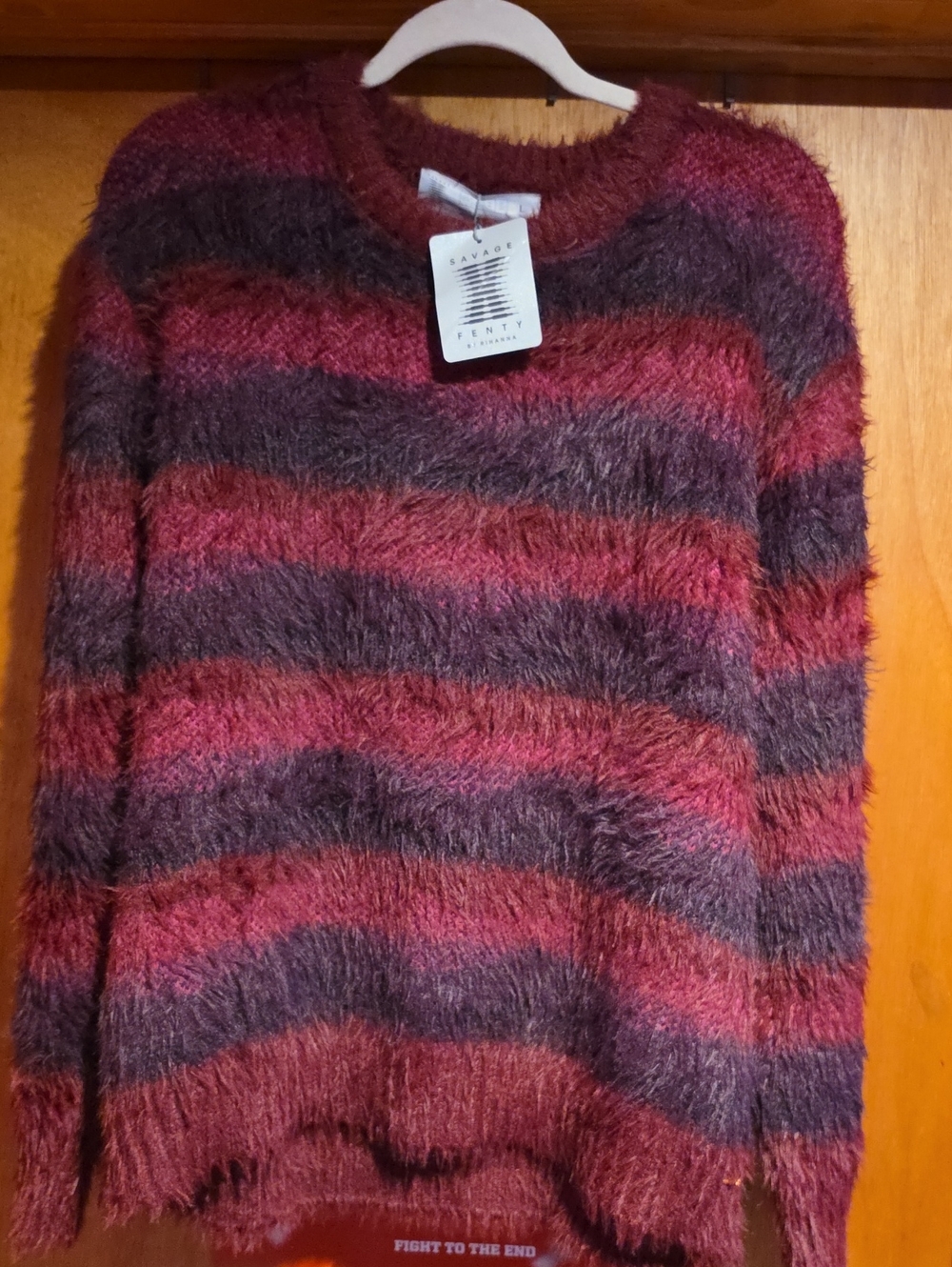 Savage X Fenty Fuzzy Striped Crewneck Sweater - Burgundy & Deep Plum